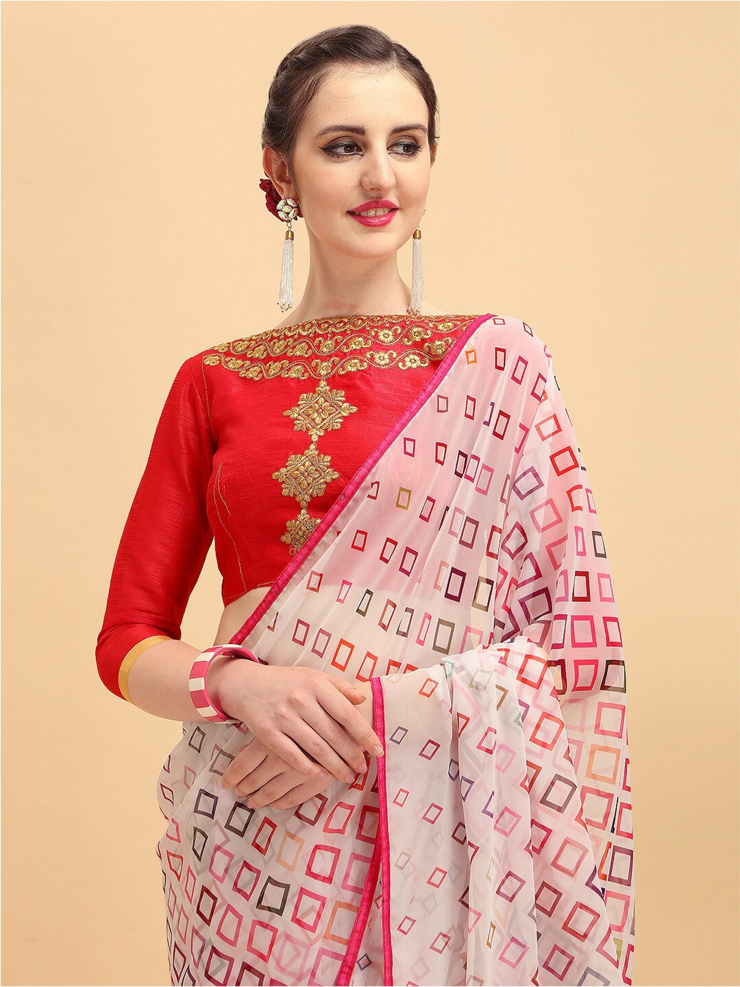

Sangria Geometric Printed Pure Georgette Saree, White
