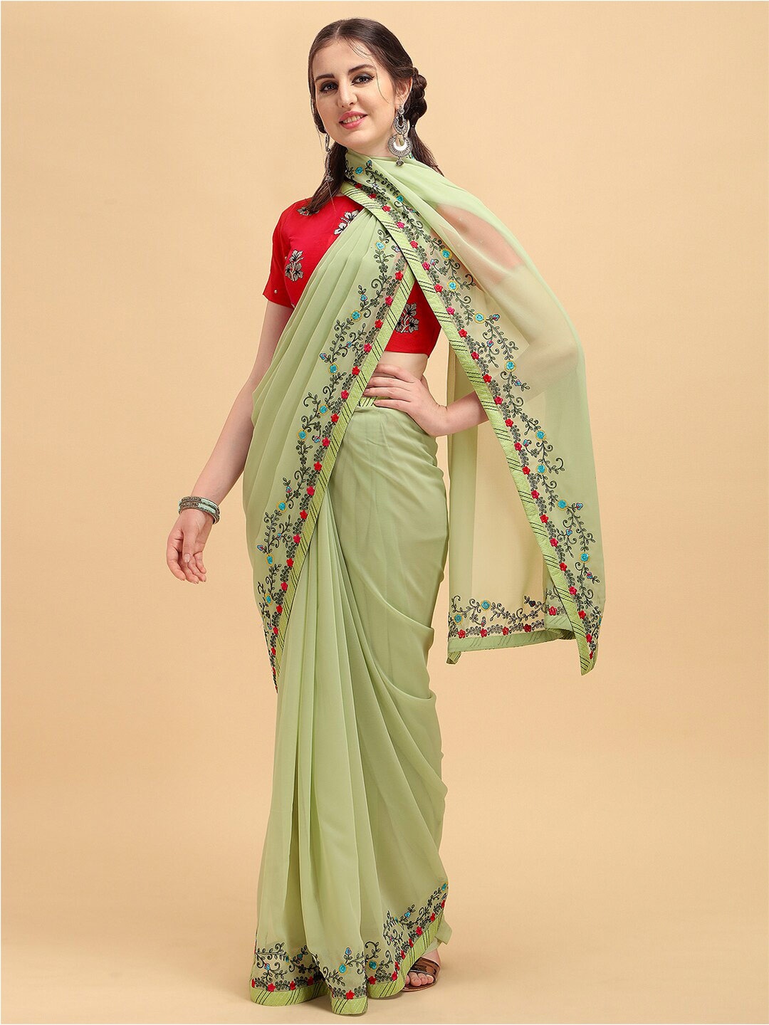

Sangria Dyed & Batik Pure Georgette Saree With Embroidered Border, Green