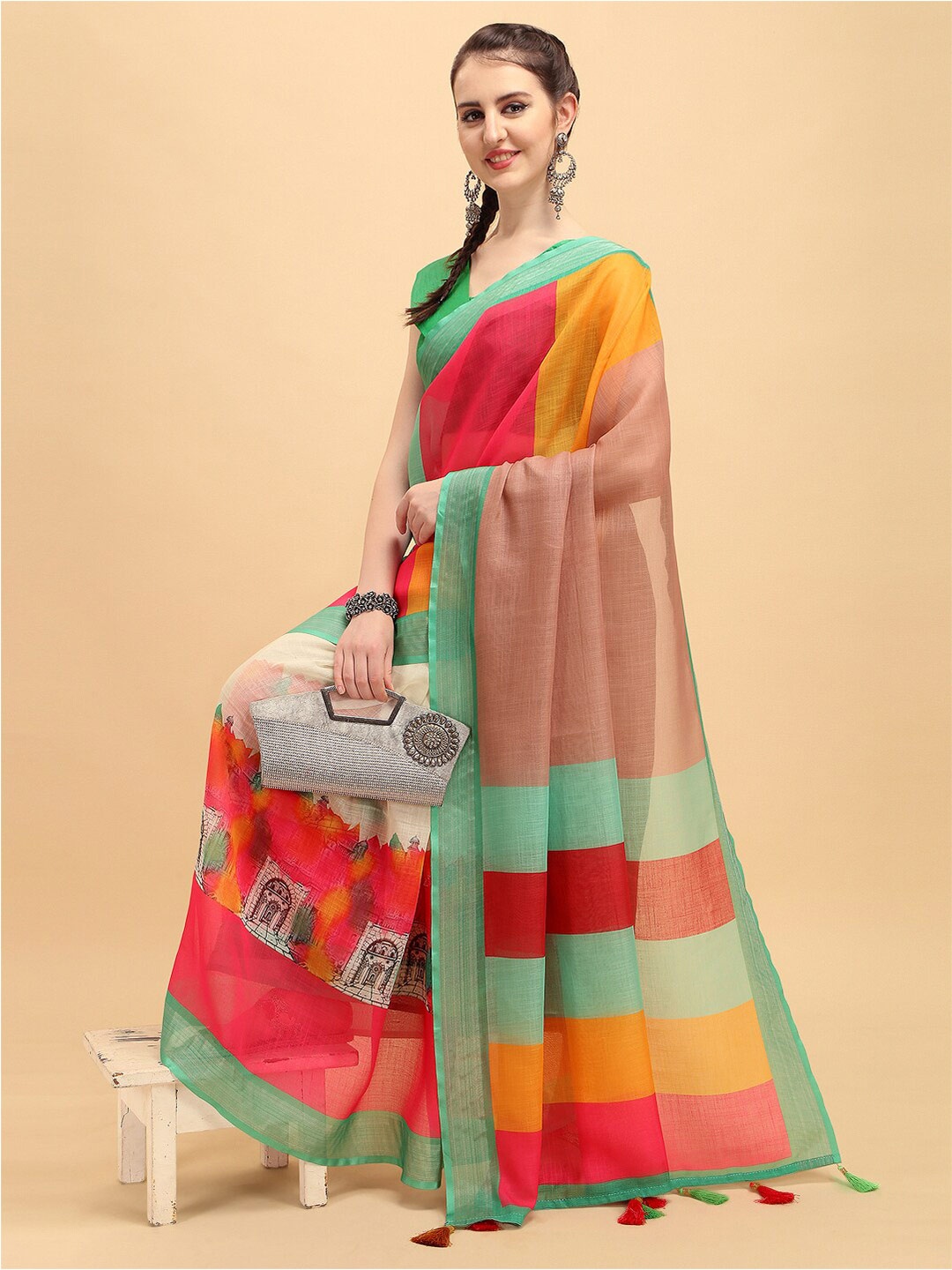 

Sangria Striped Pure Linen Saree With Blouse Piece, Pink