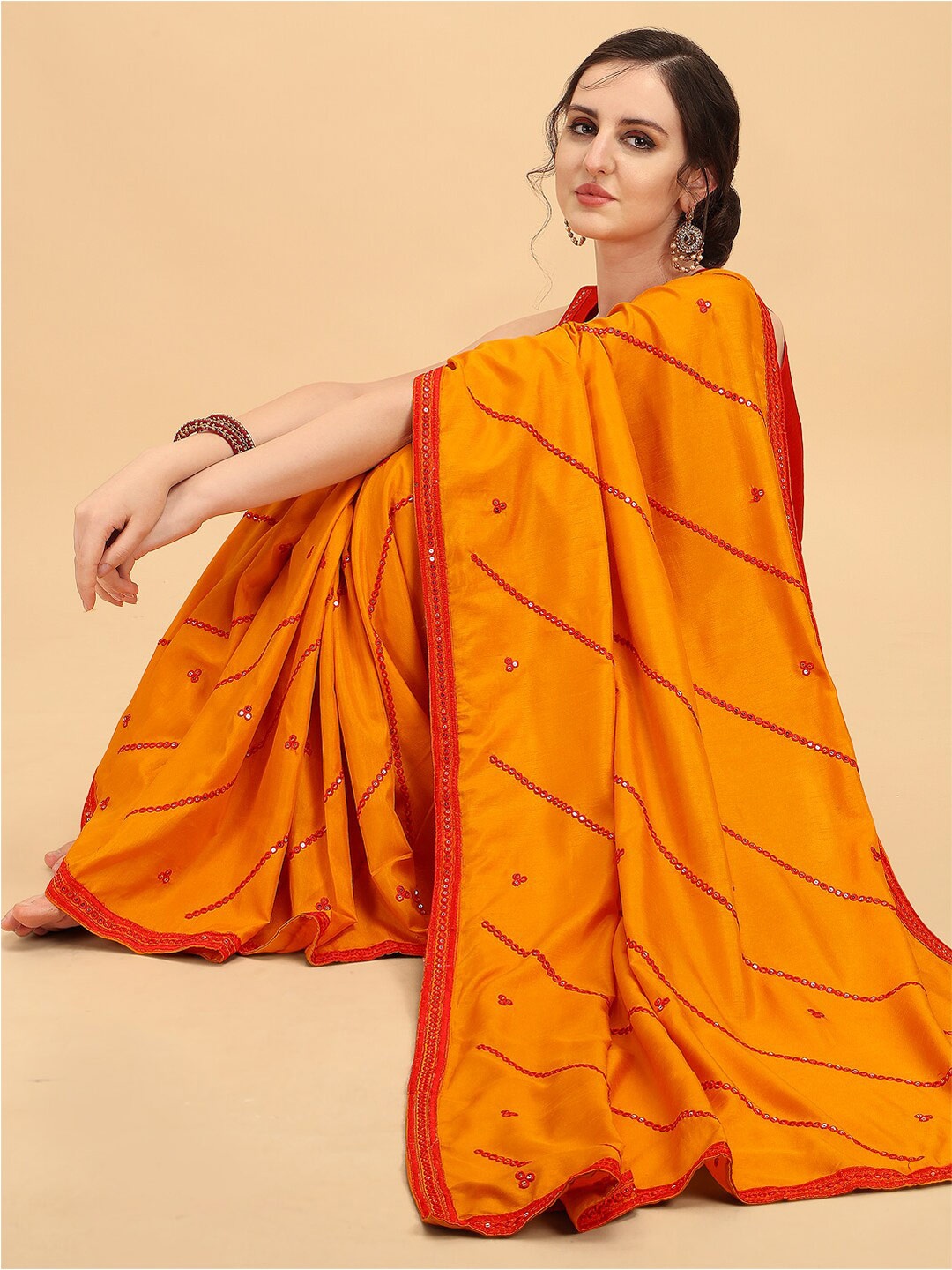 

Sangria Embroidered Sequinned Saree With Blouse Piece, Mustard