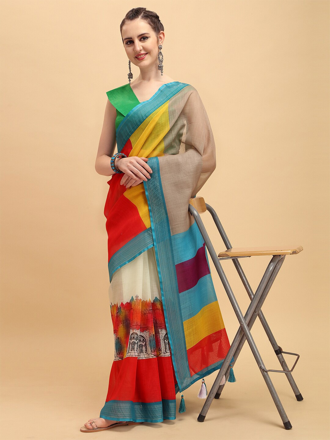 

Sangria Colourblocked Pure Linen Saree, Beige