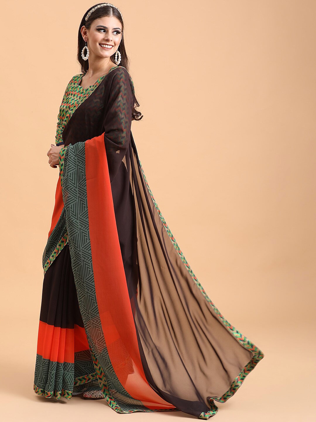 

Sangria Printed Border Pure Georgette Saree With Blouse Piece, Coffee brown