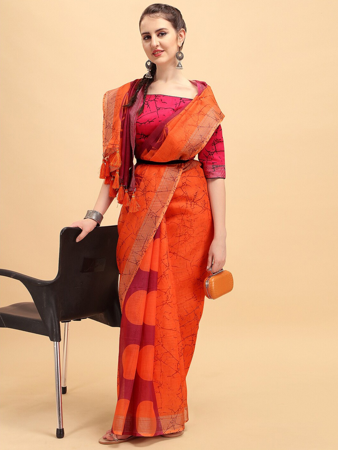 Sangria Abstract Printed Pure Linen Saree With Blouse Piece, Orange