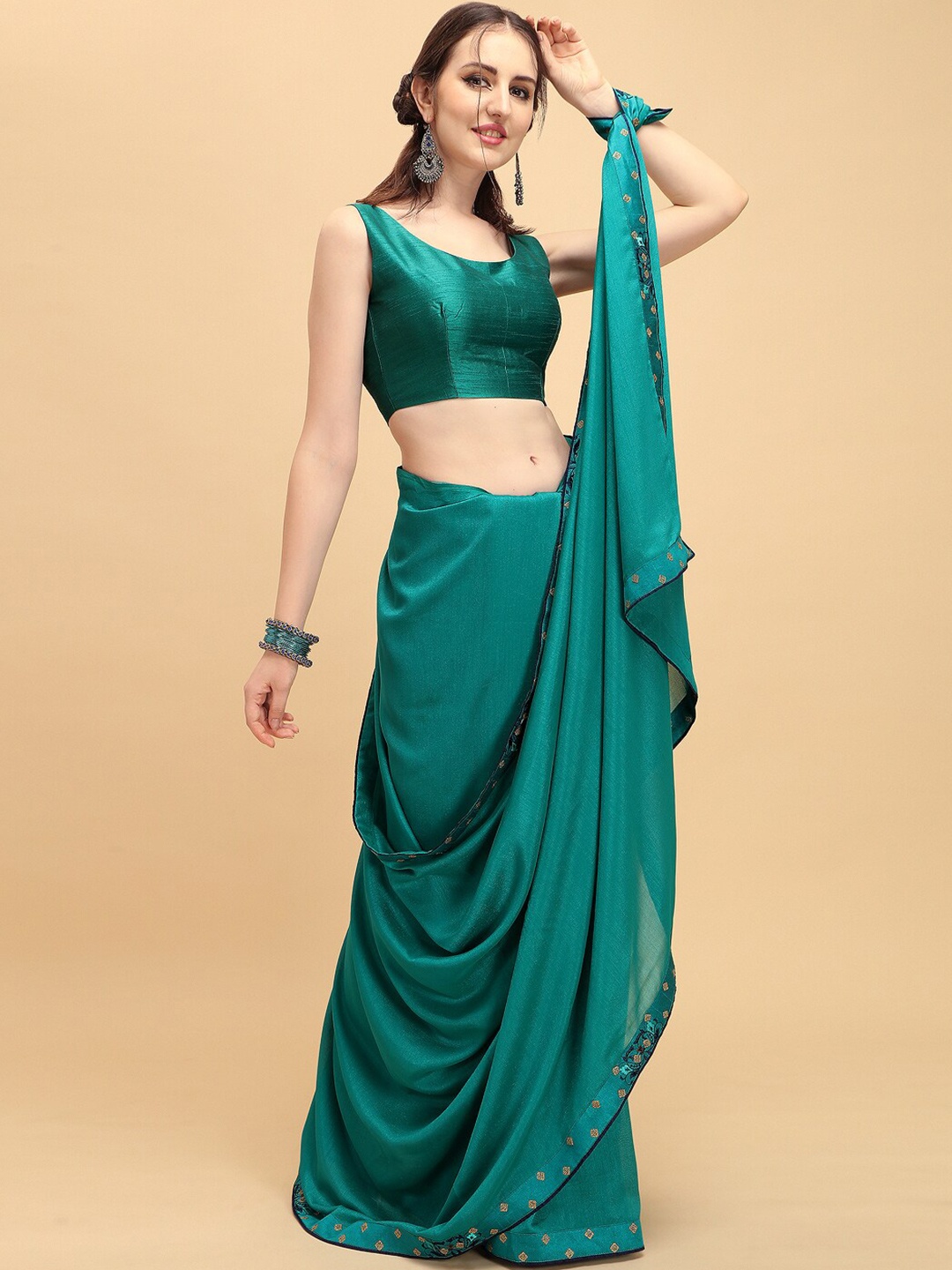 

Sangria Embroidered Border Detail Saree With Blouse Piece, Teal