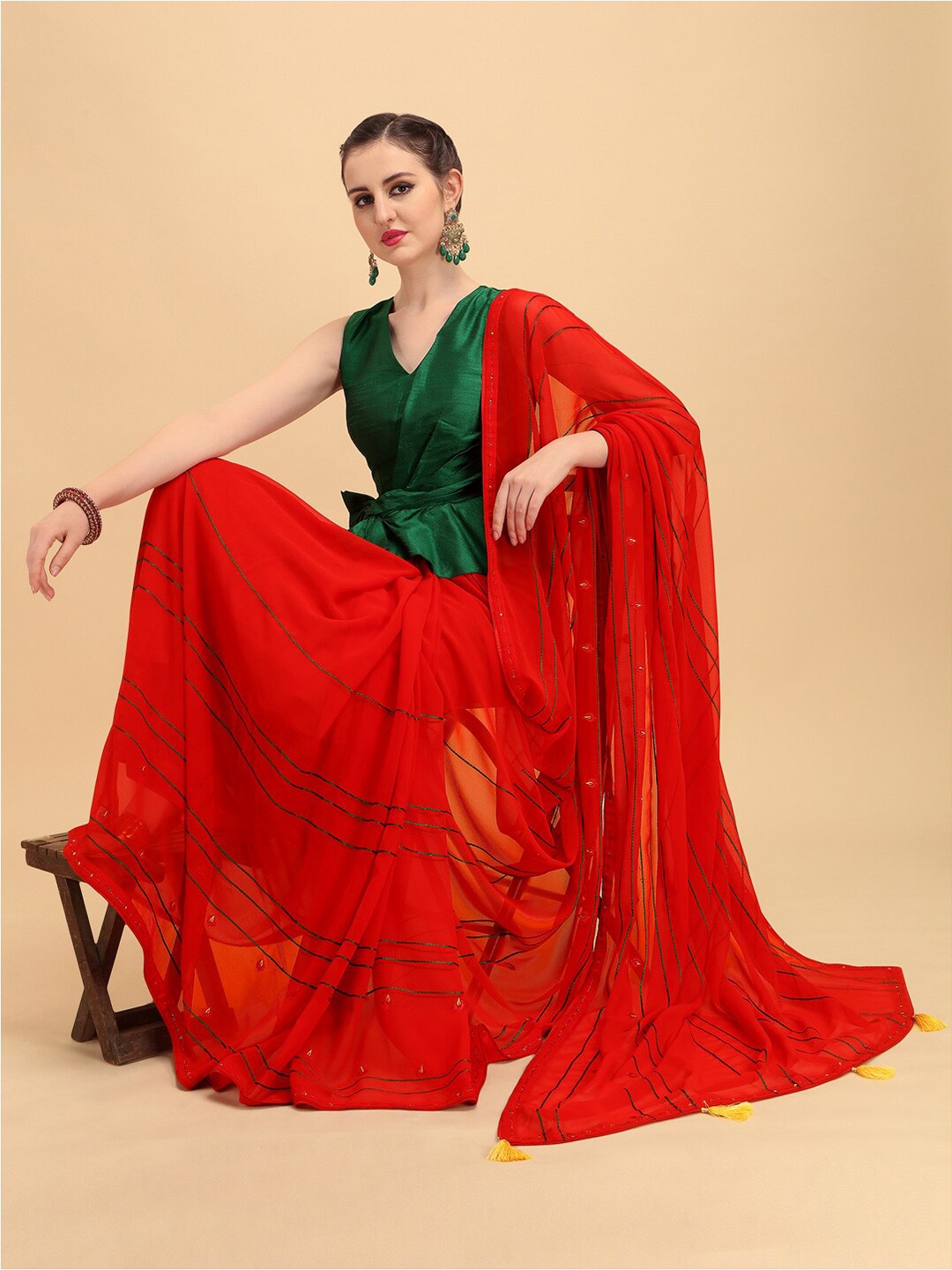 

Sangria Striped Embroidered Pure Georgette Saree, Red