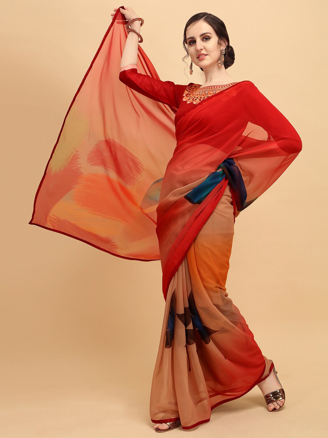 

Sangria Floral Printed Pure Georgette Saree, Orange