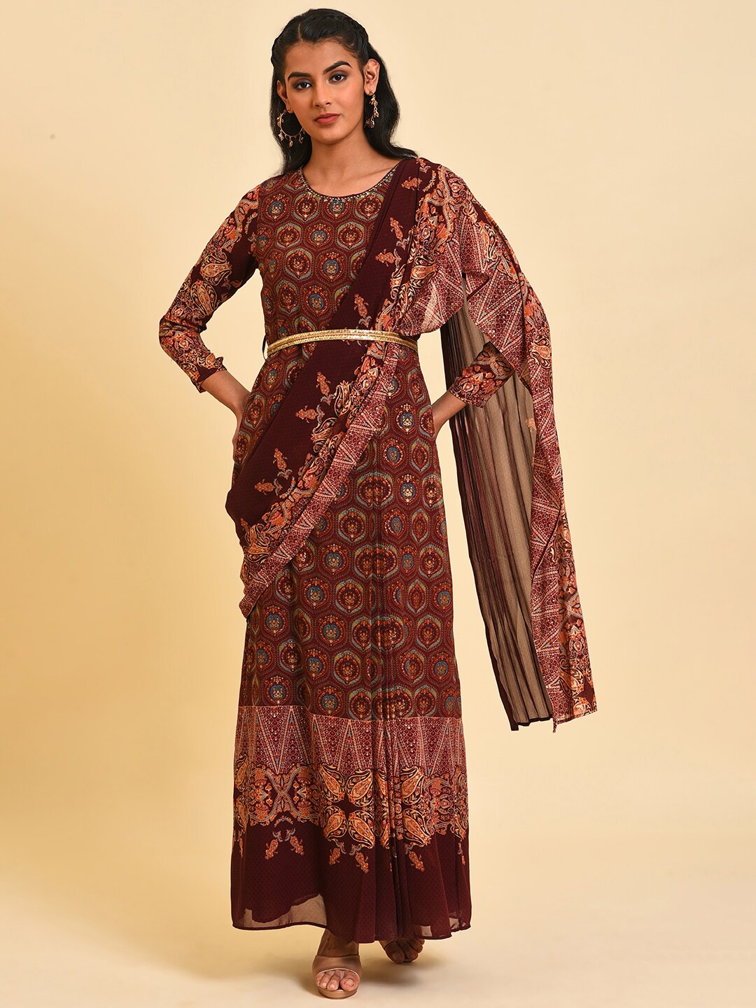 

WISHFUL Round Neck Ethnic Motifs Printed Maxi Ethnic Dress, Maroon