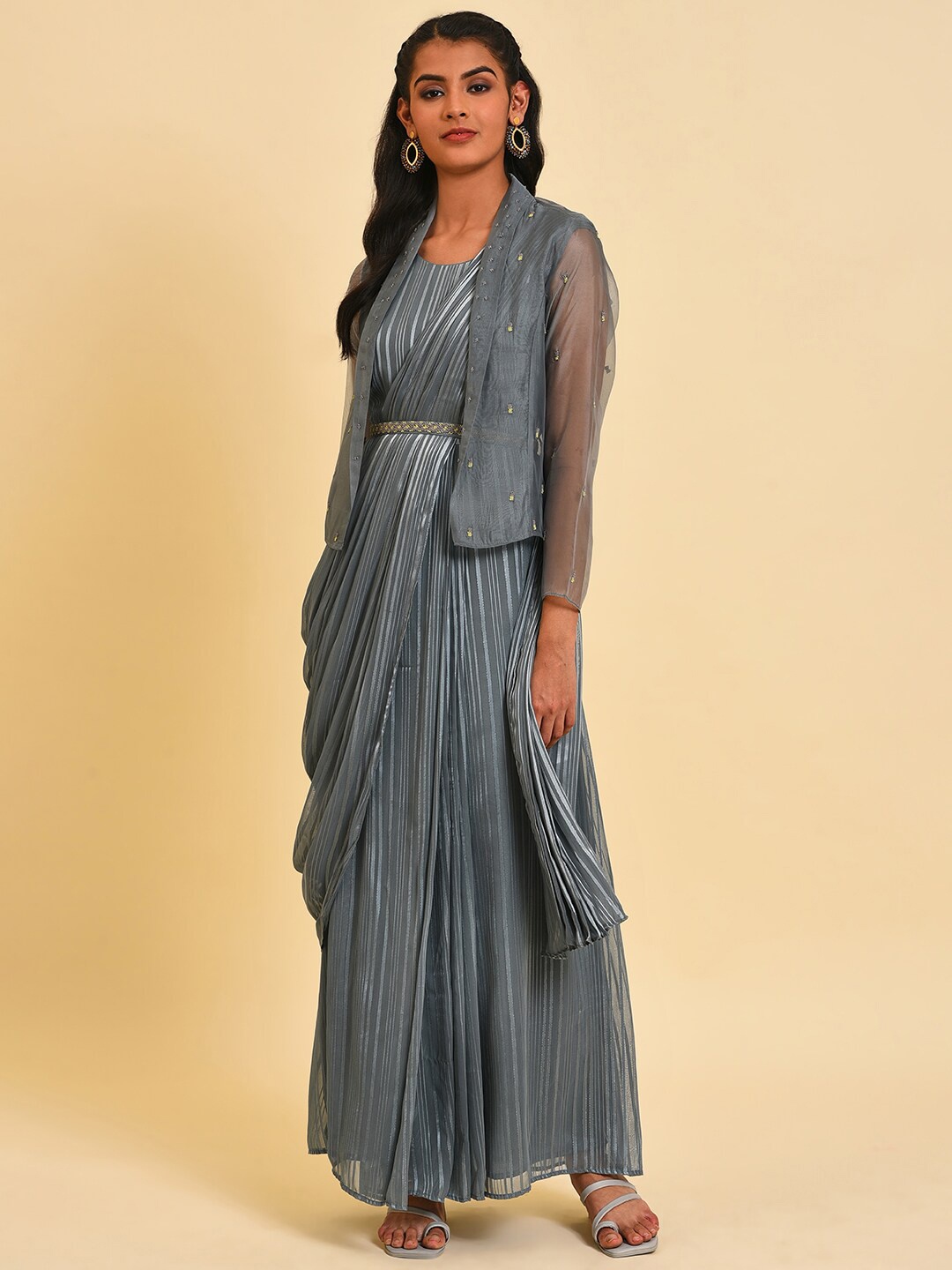 

WISHFUL Striped Pleated Fit & Flare Maxi Ethnic Dress With Jacket, Grey