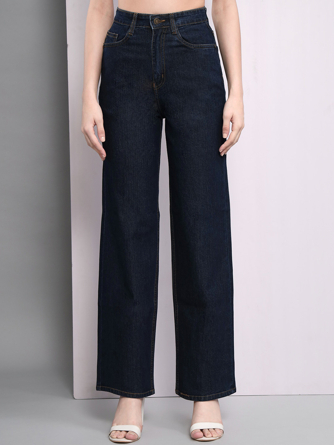 

GUTI Women Flared High-Rise Stretchable Light Fade Cotton Jeans, Navy blue