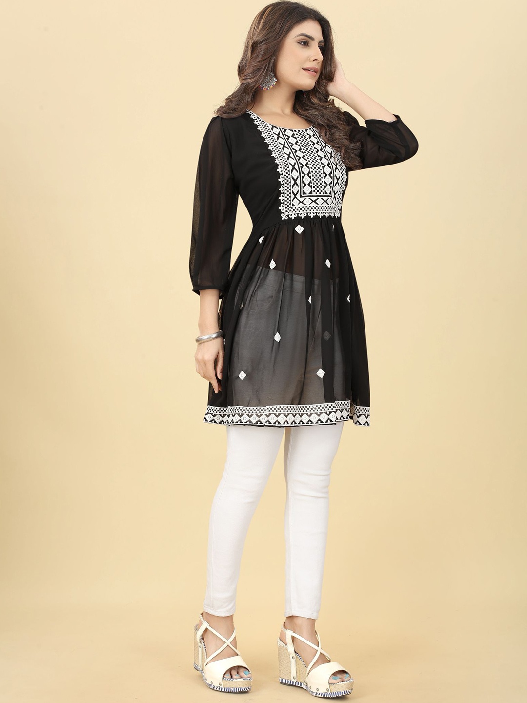 

KALINI Ethnic Motifs Embroidered Round Neck Tunic, Black
