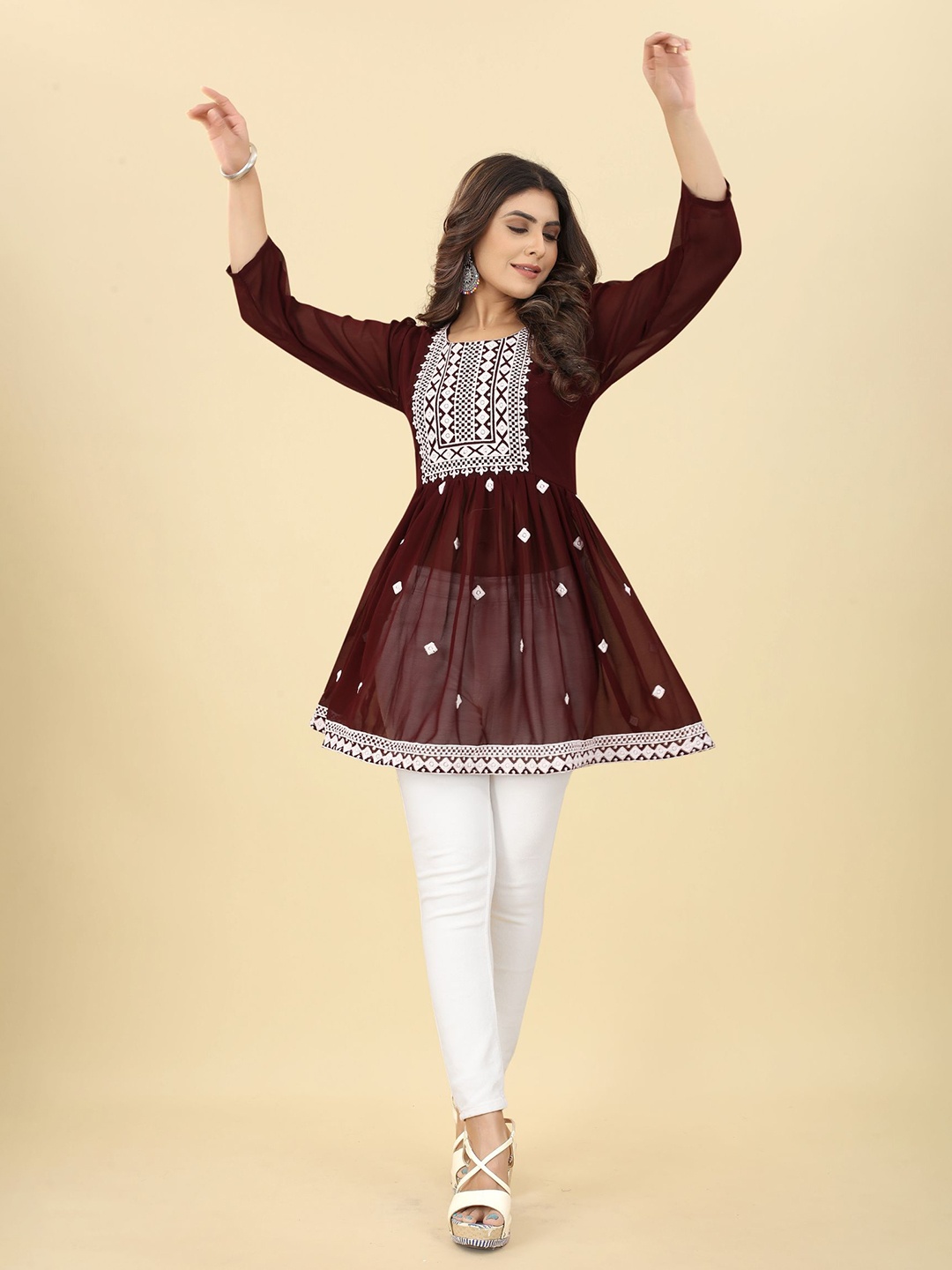 

KALINI Embroidered Georgette Kurti, Maroon