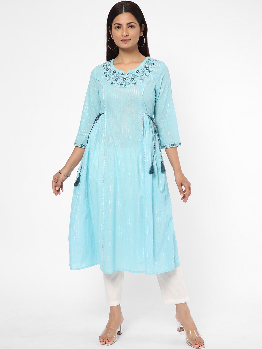 

R&B Floral Embroidered Notched Neck Thread Work Anarkali Kurta, Turquoise blue