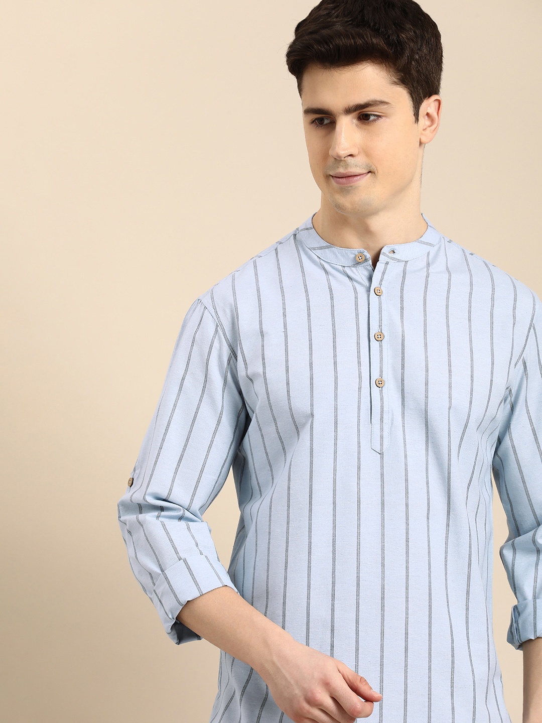 

Anouk Men Striped Mandarin Collar Kurta, Blue