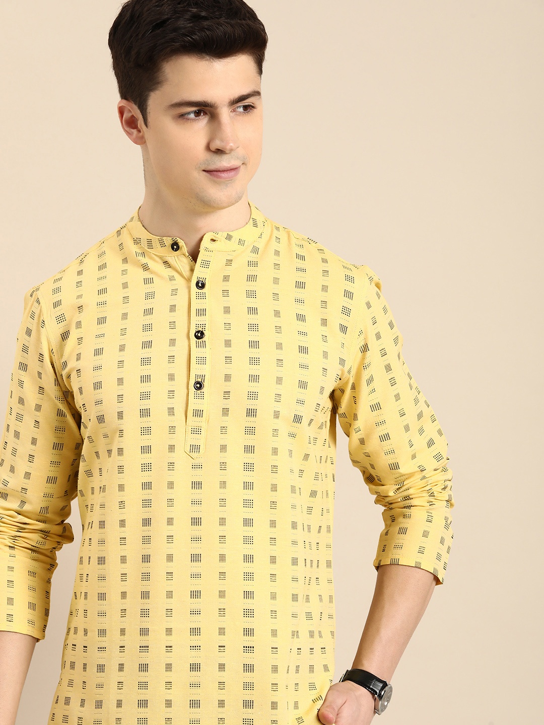 

Anouk Men Woven Design Geometric Kurta, Yellow