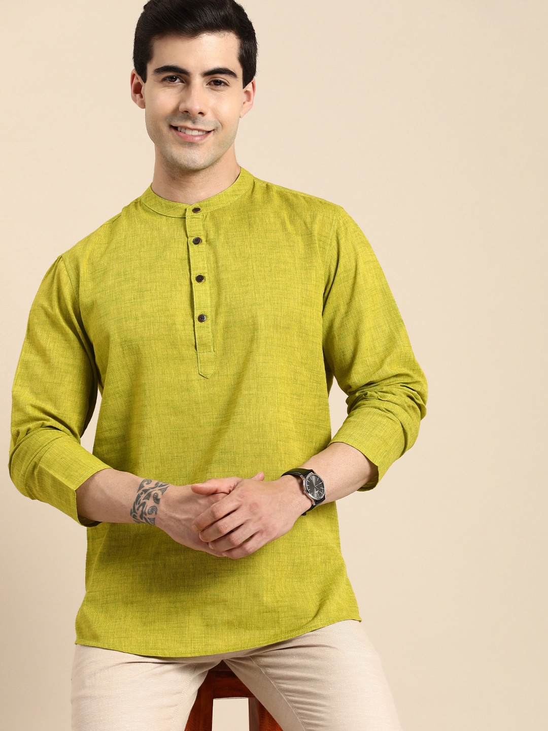 

Anouk Men Mandarin Collar Pure Cotton Kurta, Green