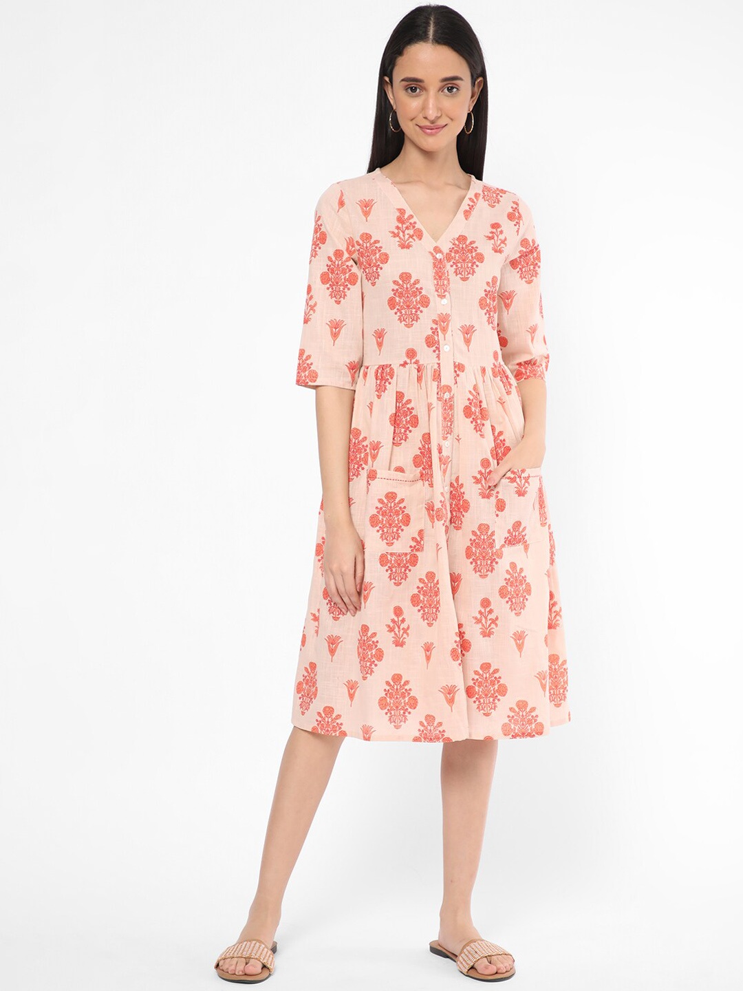 

R&B Printed Cotton A-Line Ethnic Dress, Peach