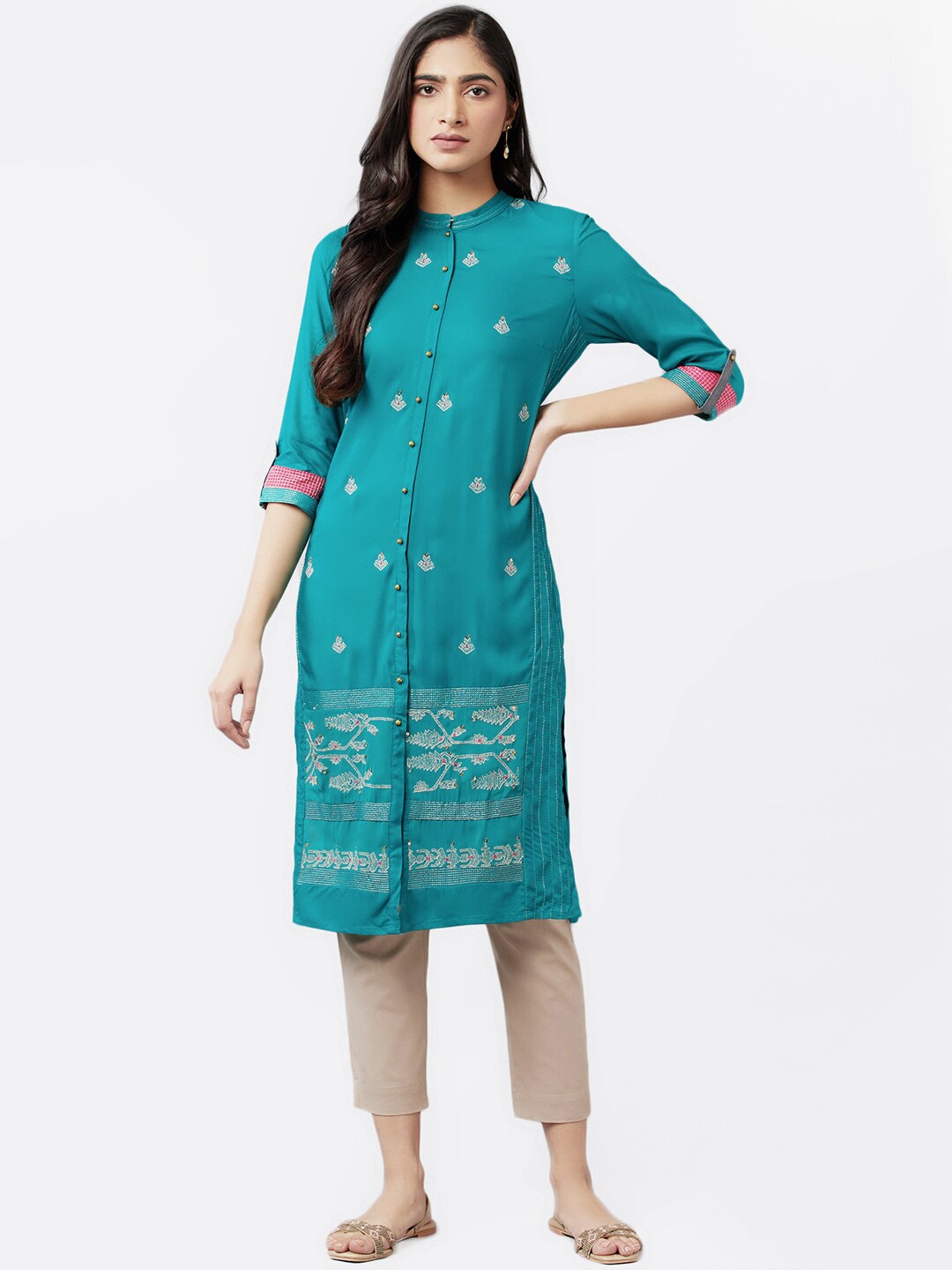 

W Ethnic Motifs Embroidered Roll Up Sleeves Thread Work Kurta with Trousers, Teal