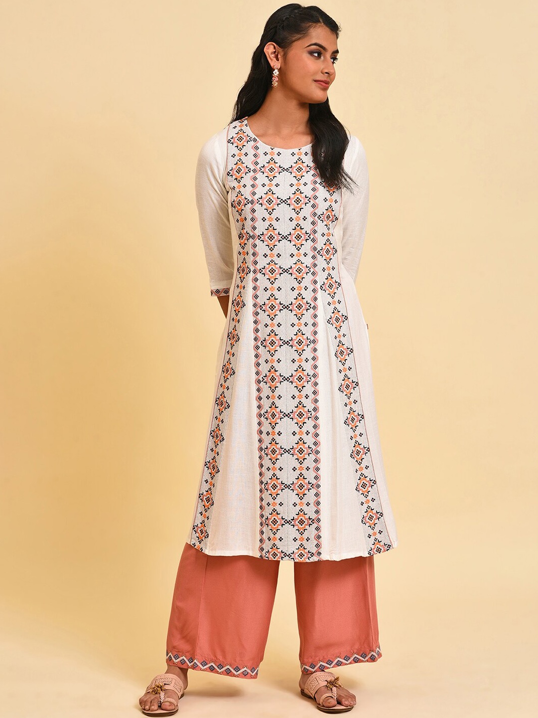 

W Geometric Embroidered A-Line Kurta with Palazzos, White