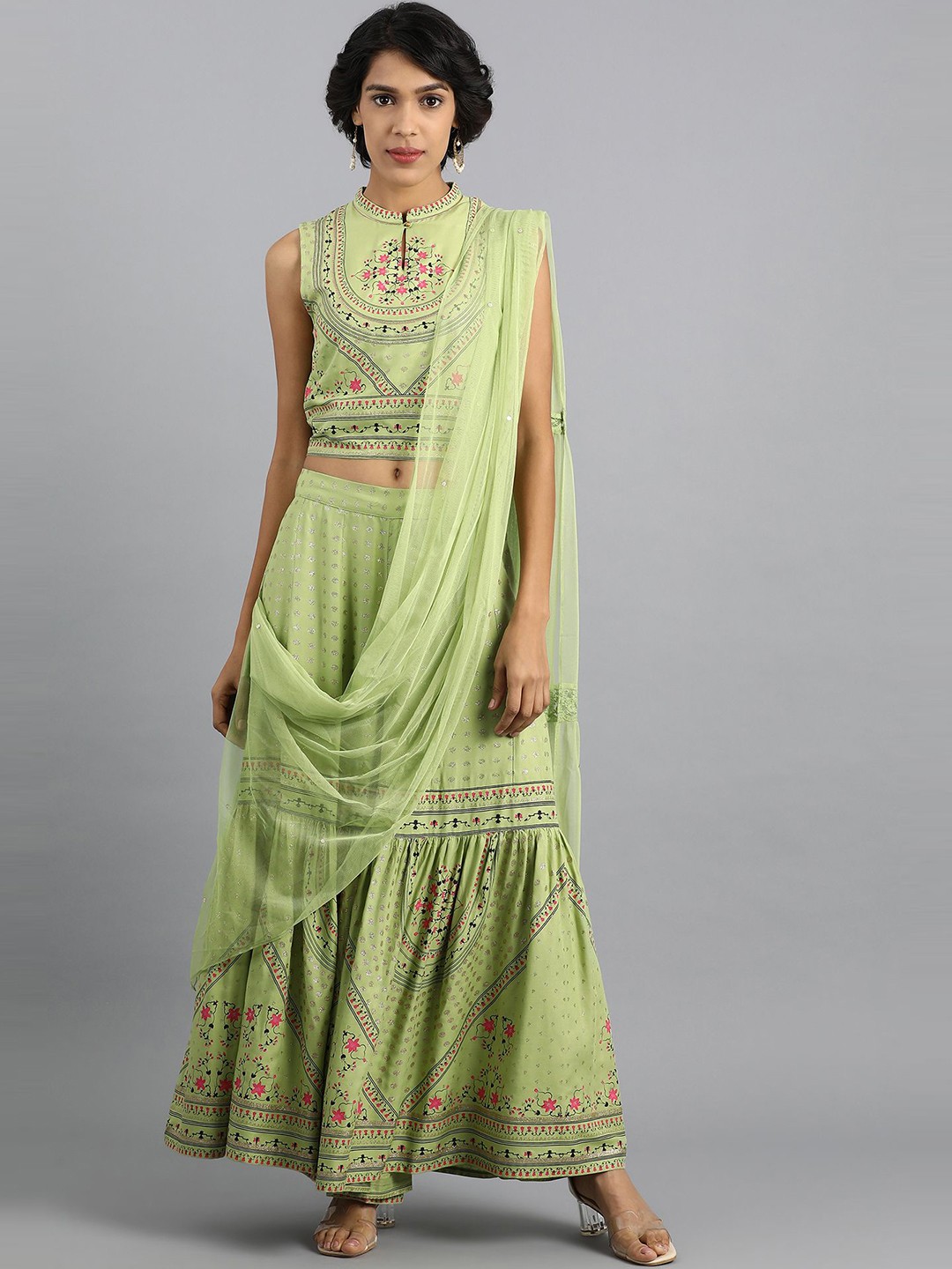 

W Women Green & Pink Printed Top with Skirt