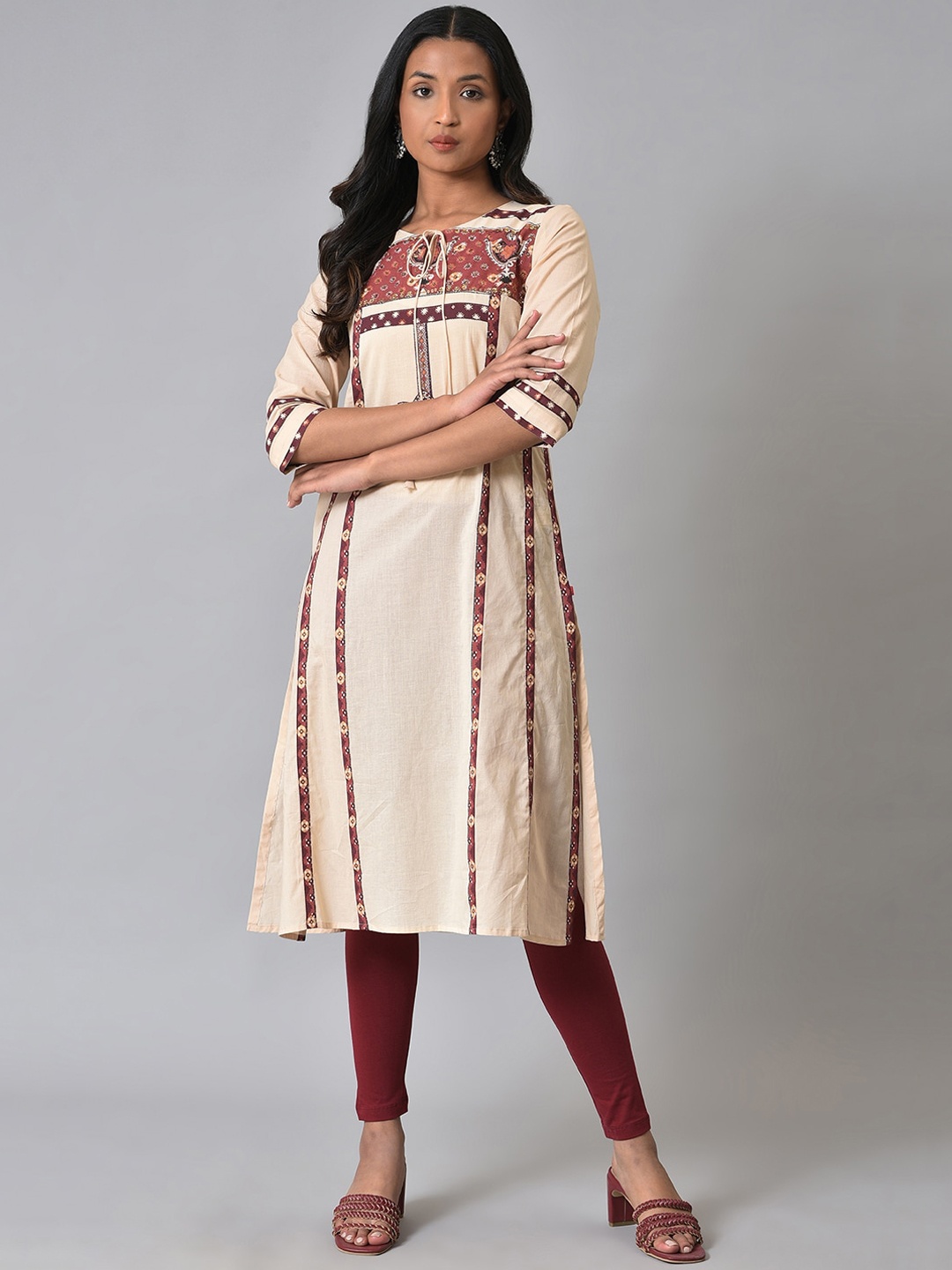 

W Ethnic Motif Printed Tie Up Neck A-Line Kurta, Beige