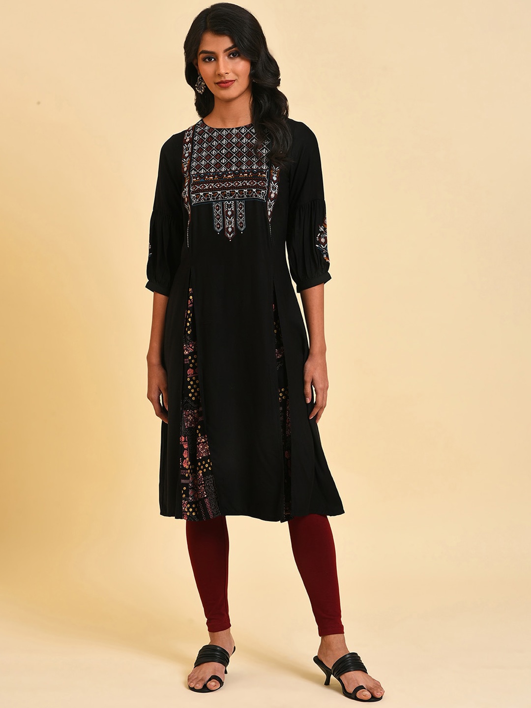 

W Ethnic Motifs Embroidered Thread Work A-Line Kurta, Black