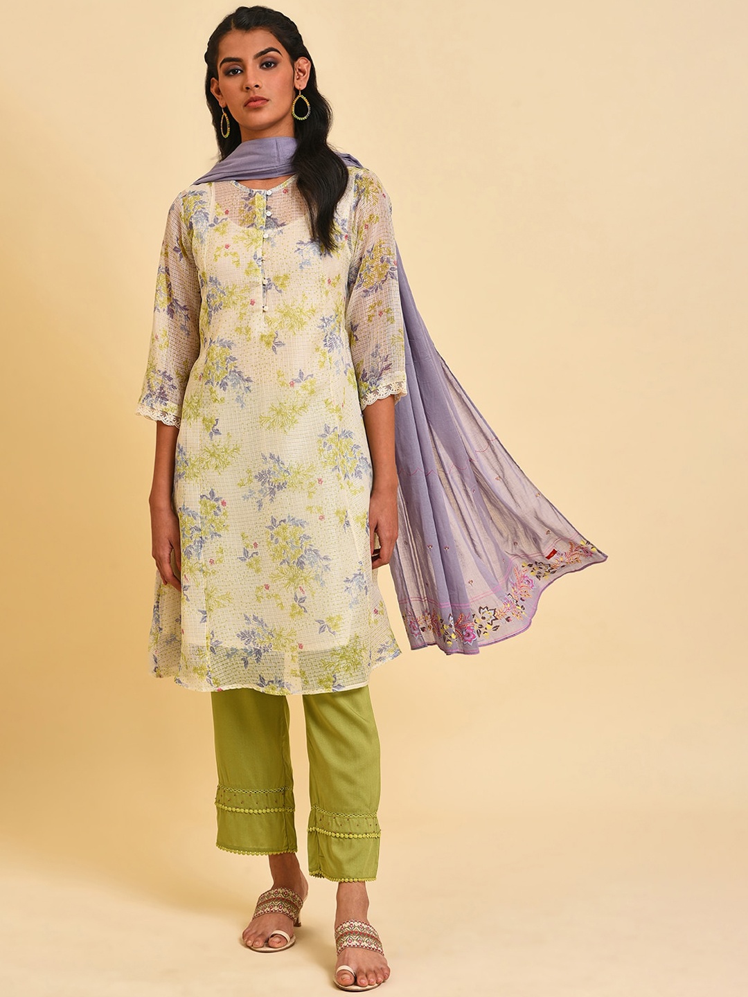 

W Floral Printed Regular Kurta With Trousers & Dupatta, Off white