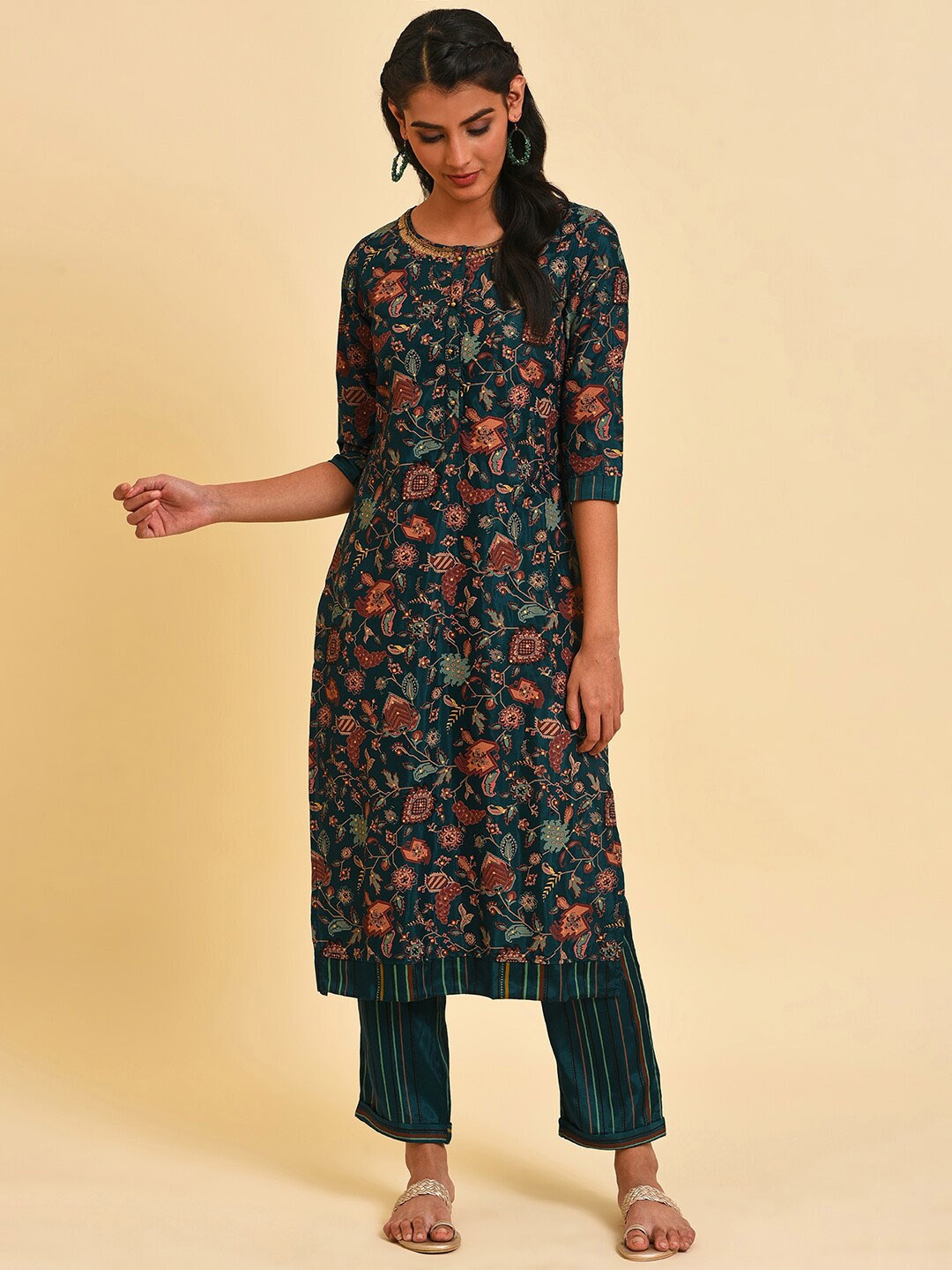 

W Ethnic Motif Printed Sequinned Straight Kurta, Teal