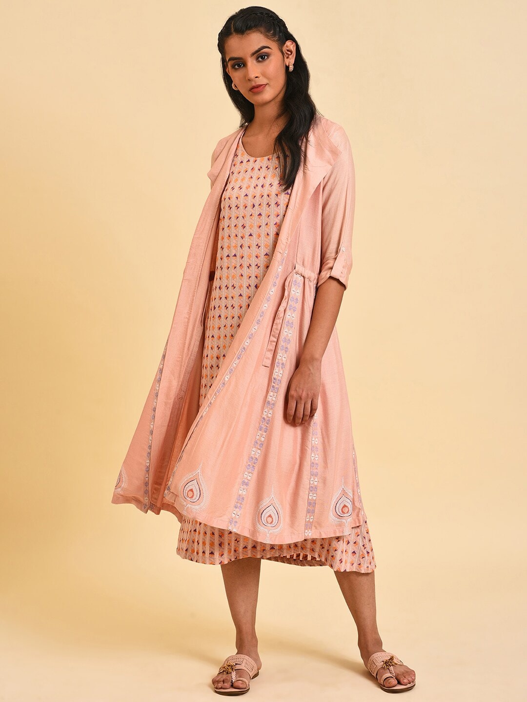 

W Round Neck Geometric Printed Fit And Flare Midi Dress, Peach