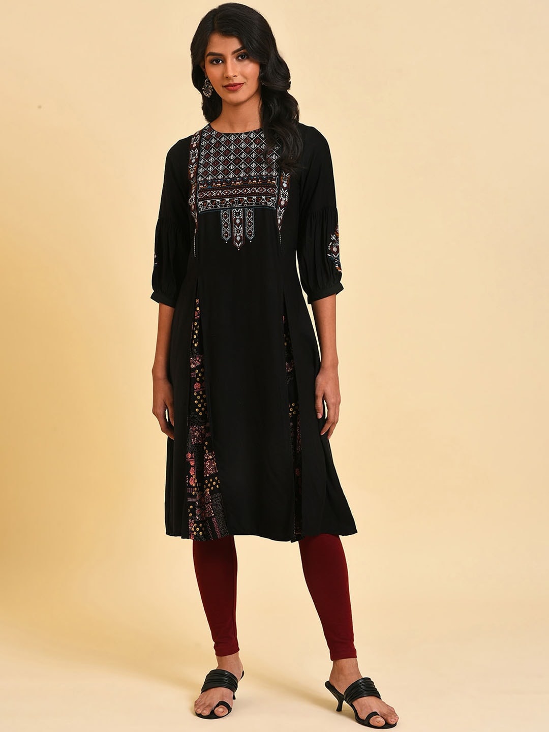 

W Ethnic Motif Embroidered Puff Sleeves Thread Work A-Line Kurta, Black