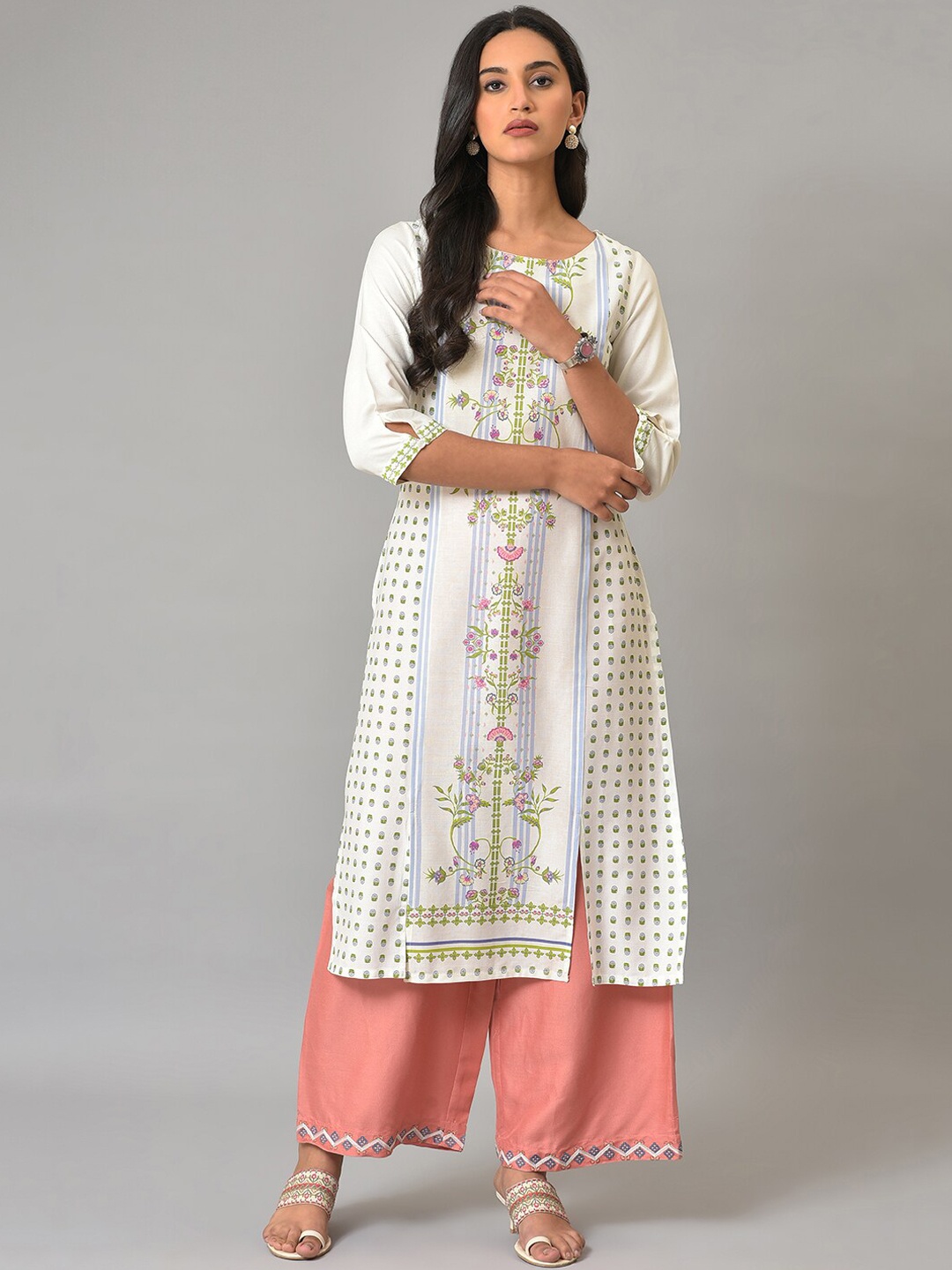 W Floral Printed Straight Kurta, White