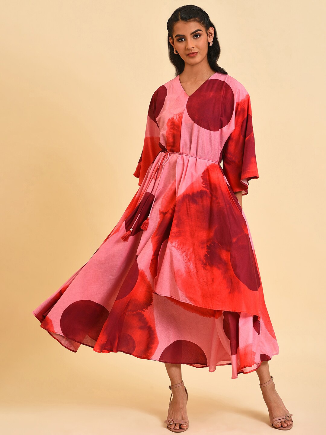 

W V-Neck Tie and Dye Printed Fit And Flare Midi Pure Cotton Dress With Belt, Red