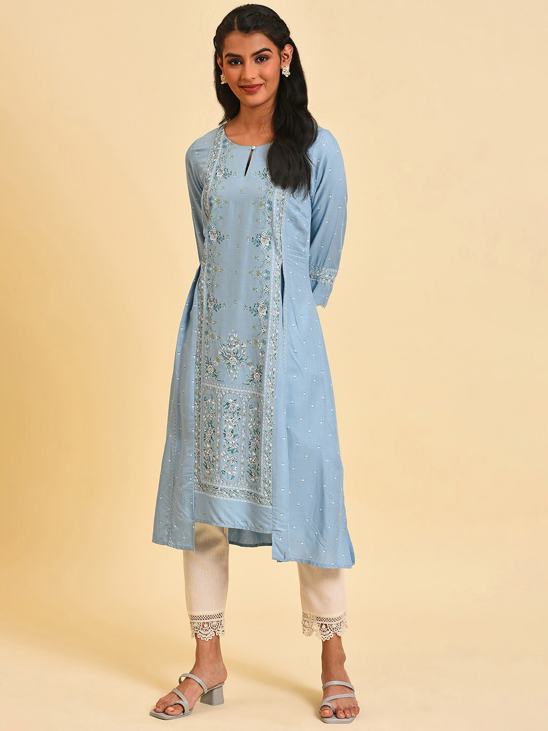 

W Floral Printed Keyhole Neck A-Line Kurta, Blue