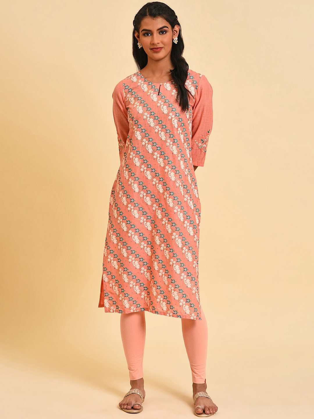 W Ethnic Motif Printed Keyhole Neck Thread Work Pure Cotton Kurta, Peach