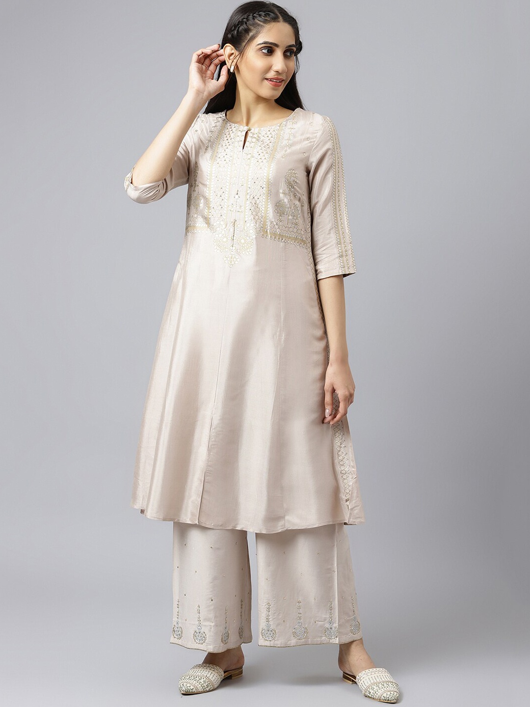 

W Ethnic Motifs Yoke Design Regular Sequinned Kurta With Palazzos, Beige