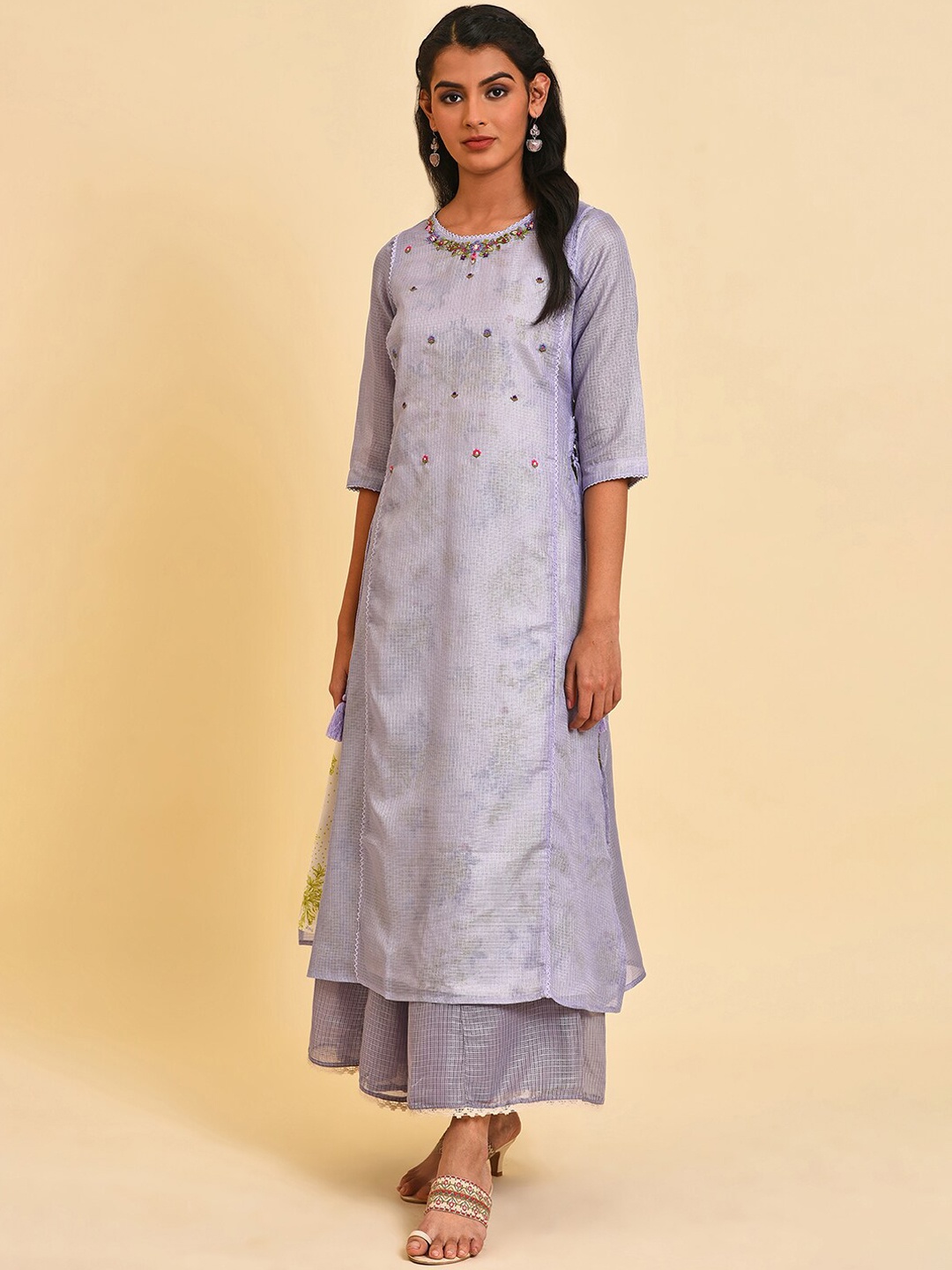 

W Floral Embroidered Thread Work Anarkali Kurta, Purple