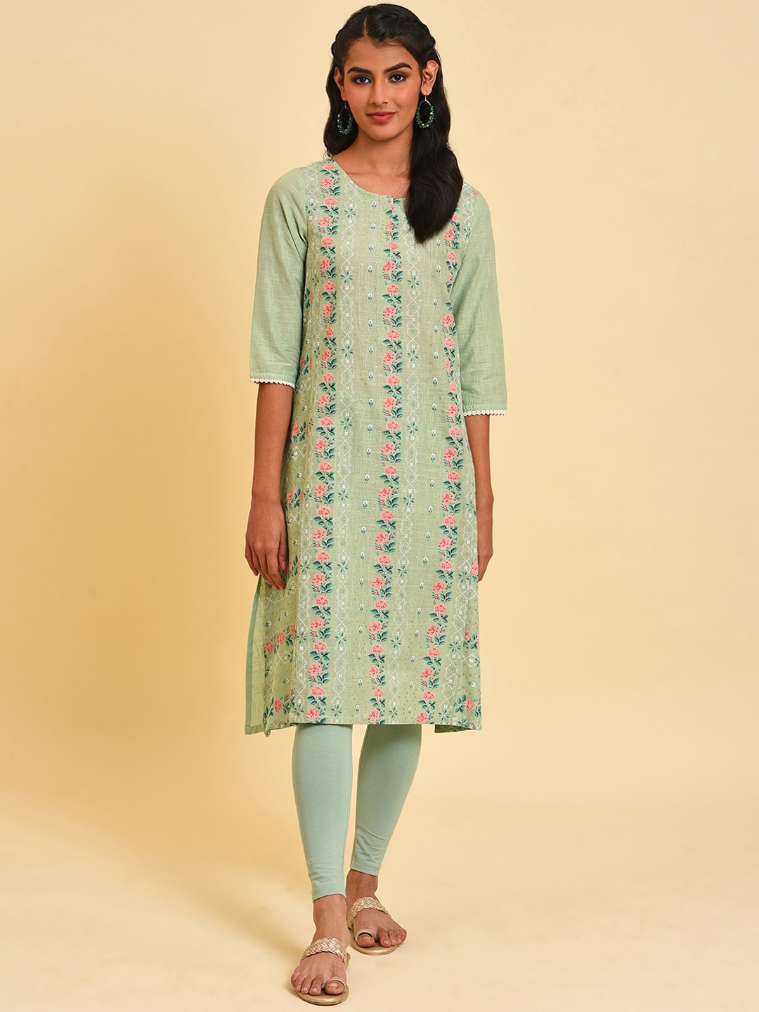 

W Floral Printed Pure Cotton Straight Kurta, Green