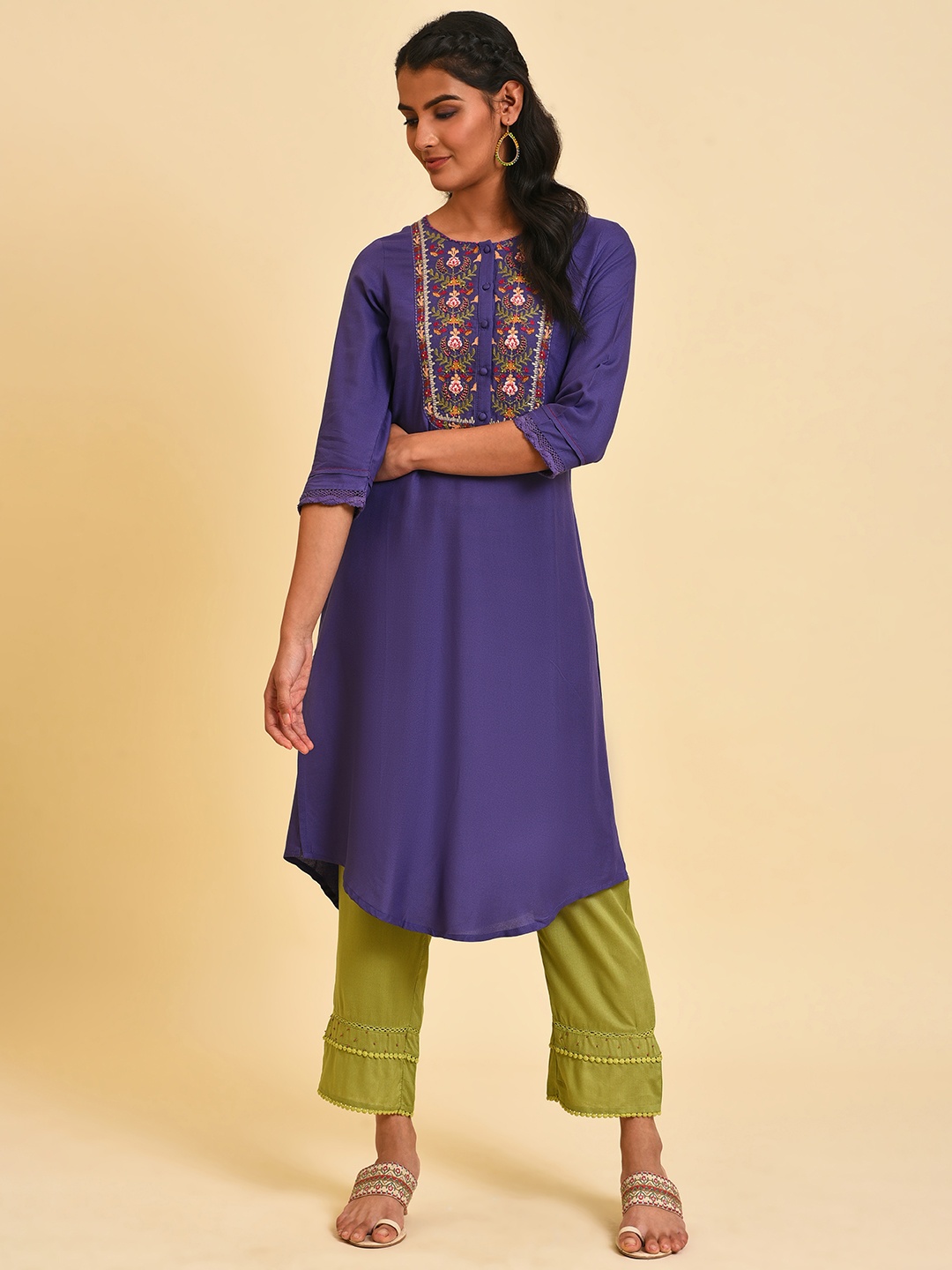 

W Floral Beads Stones Embroidered Kurta, Purple