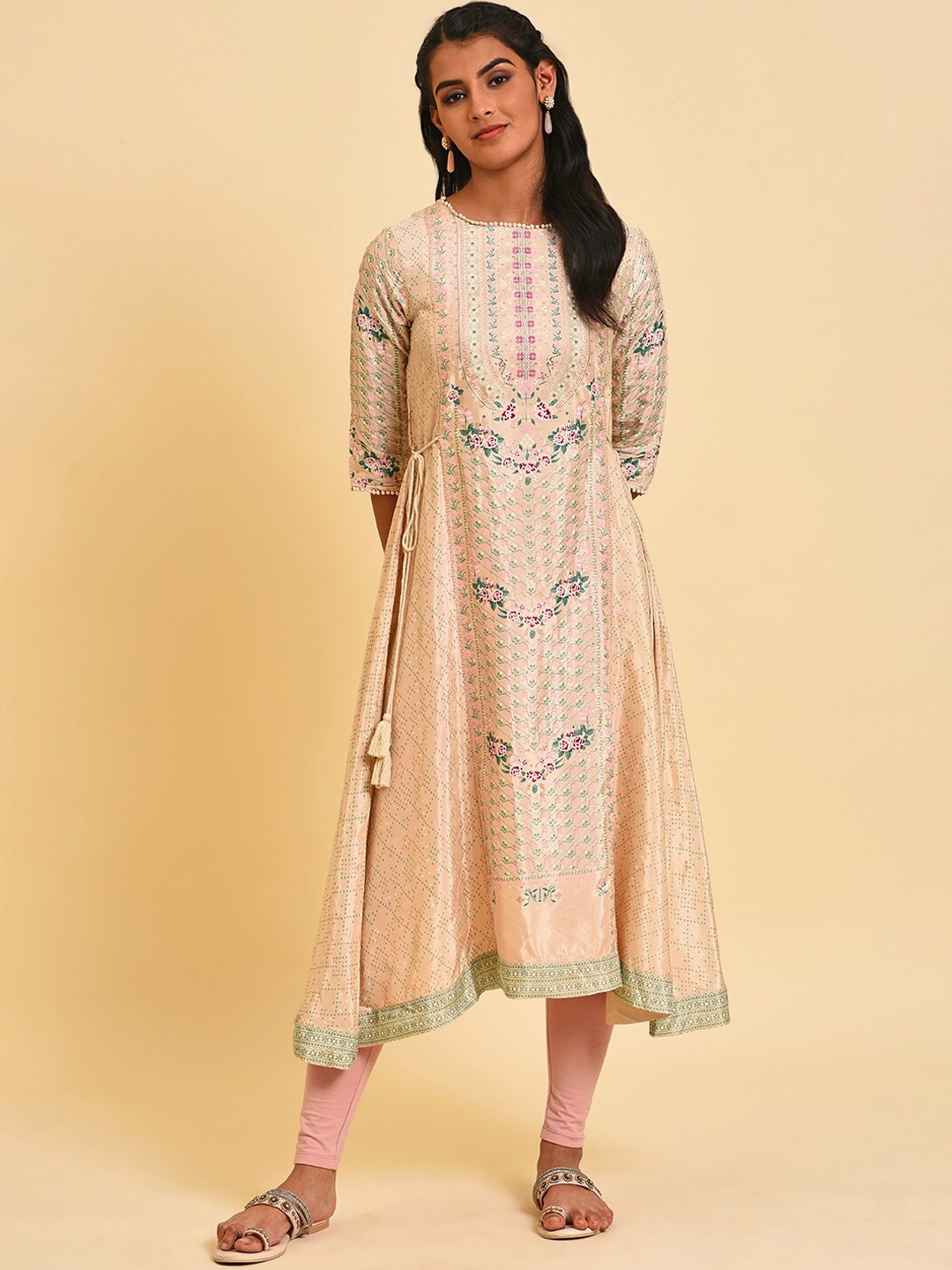 

W Floral Printed Boat Neck Asymmetric A-Line Kurta, Beige