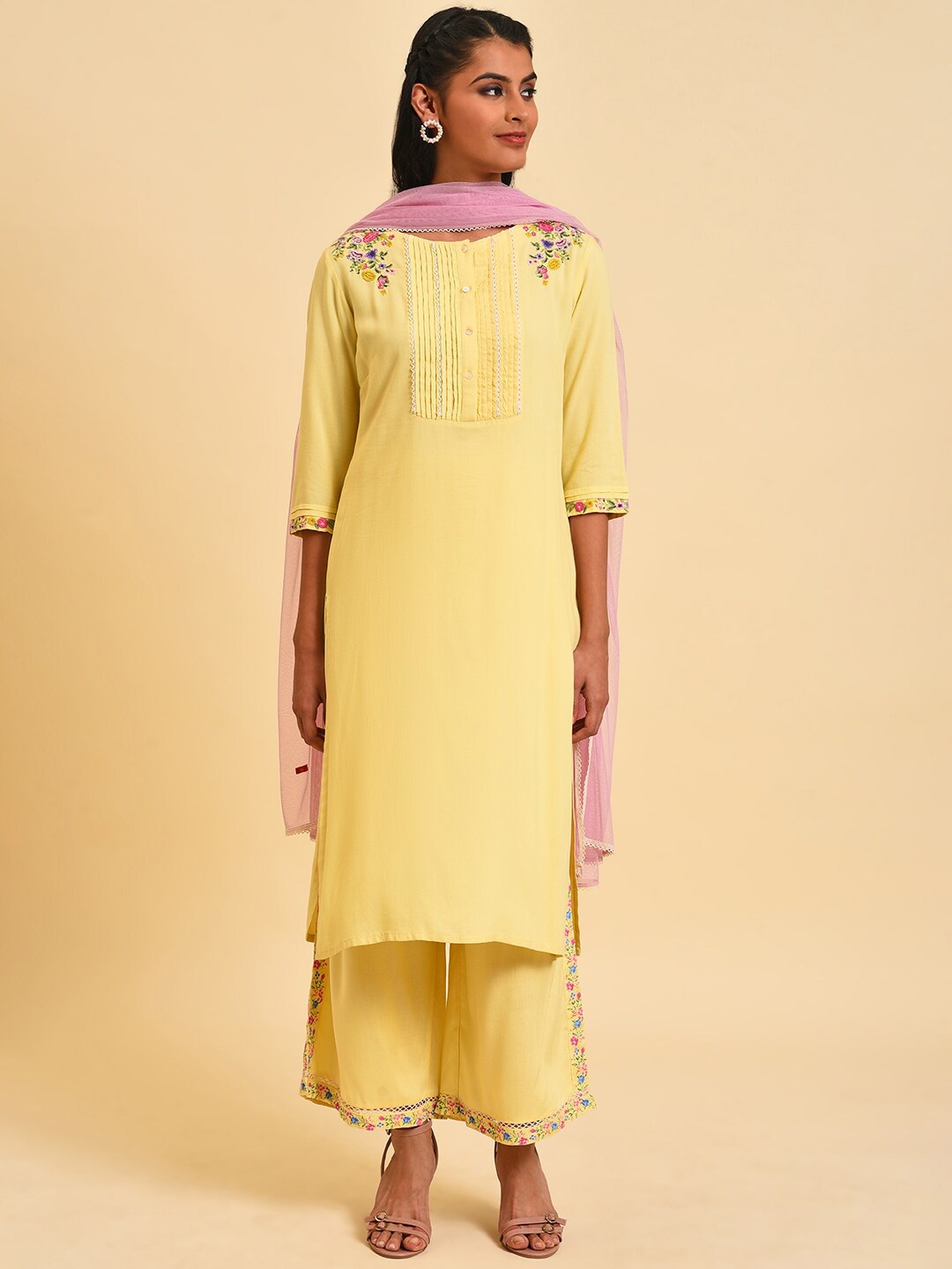 

W Floral Embroidered Thread Work Regular Kurta With Palazzos & Dupatta, Yellow