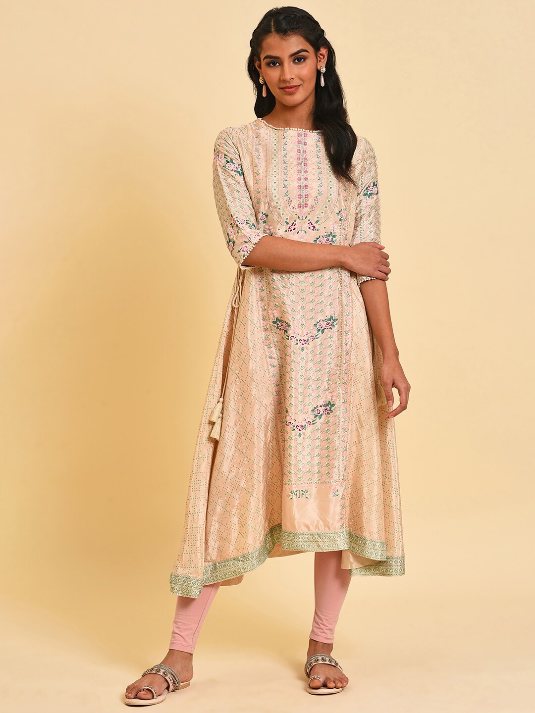 

W Floral Printed Regular A-Line Kurta With leggings, Beige