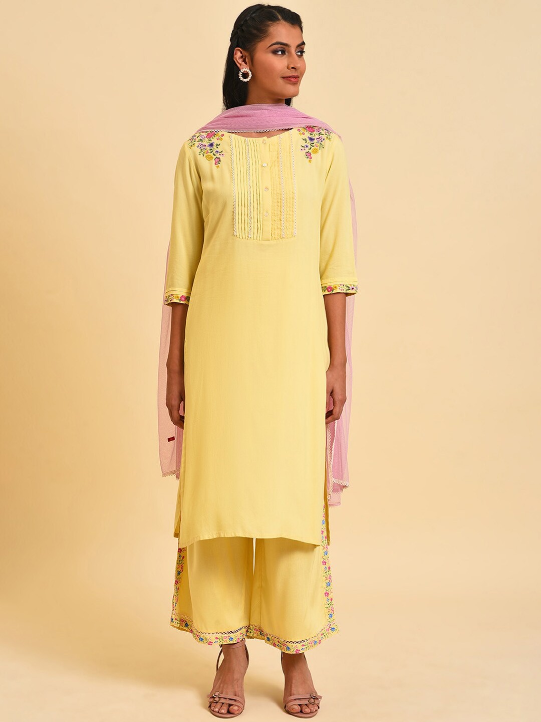 

W Floral Embroidered Thread Work Regular Kurta With Palazzos & Dupatta, Yellow