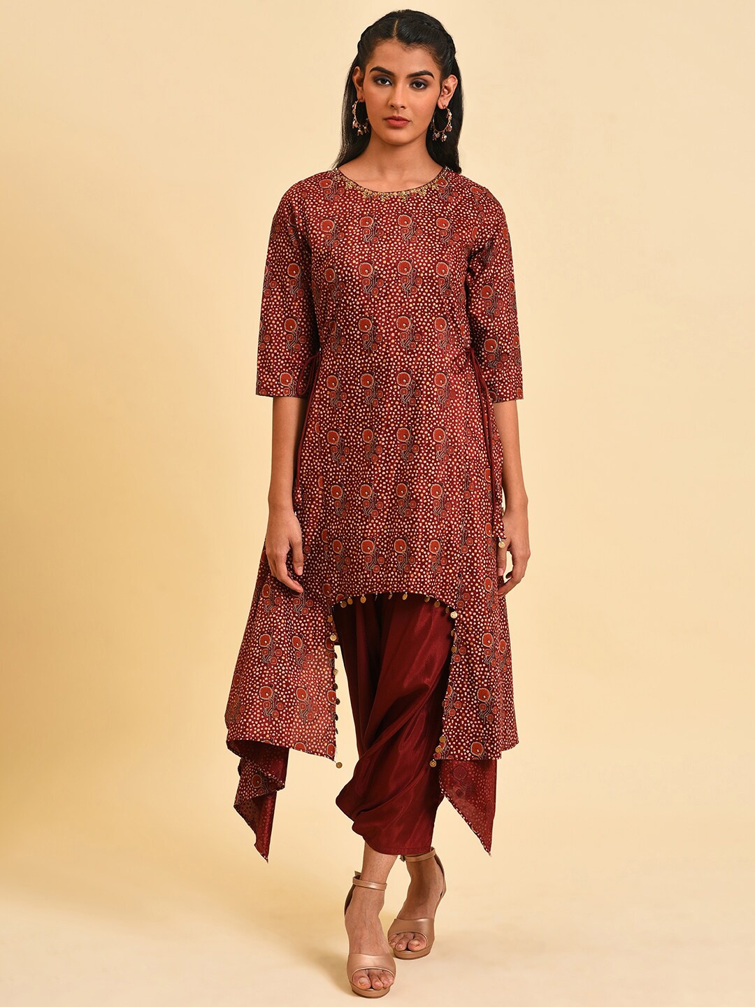 

W Asymmteric Ethnic Motifs Printed Bead Work Kurta with Dhoti Pants, Red
