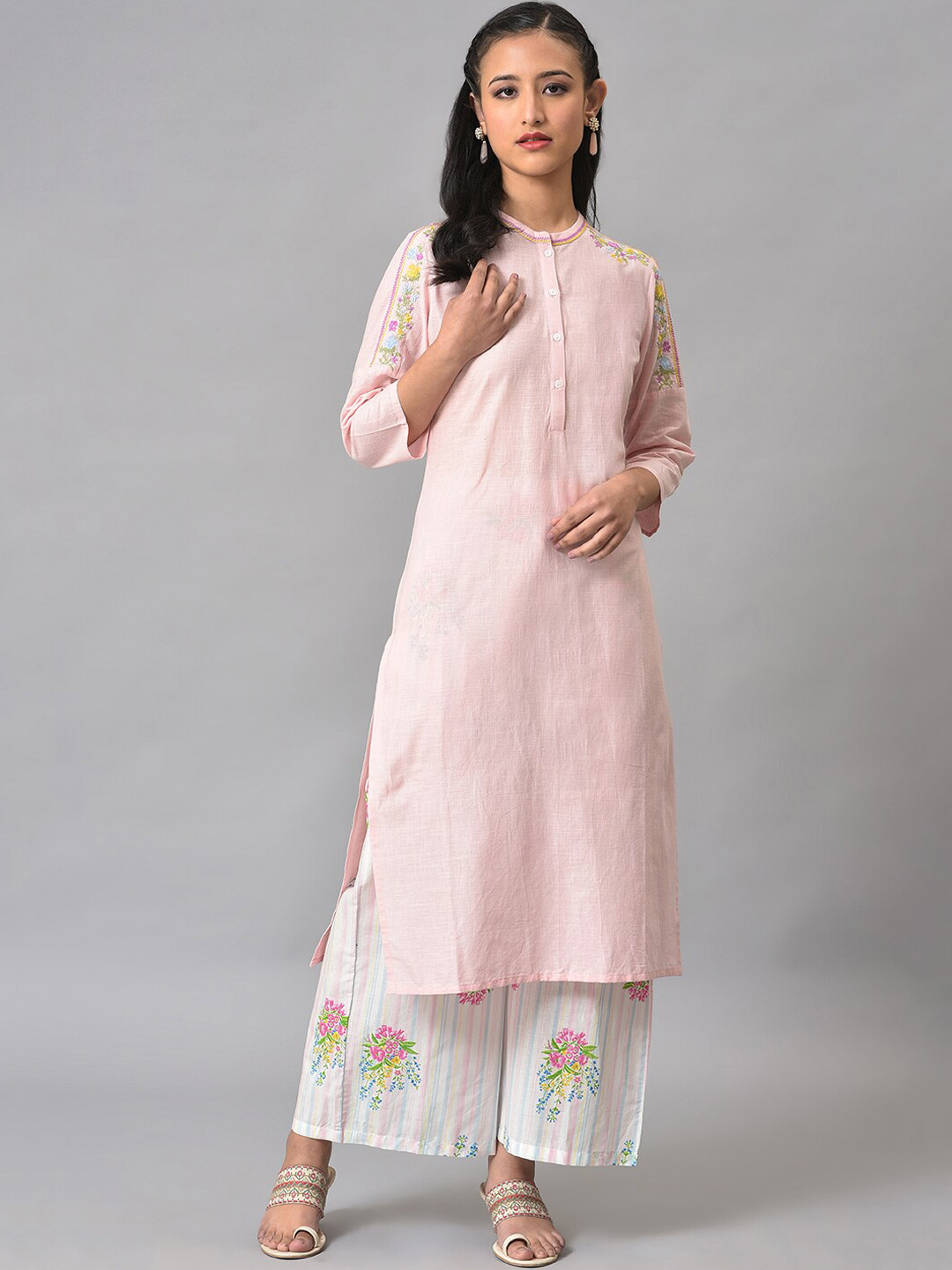

W Floral Printed Band Collar Thread Work Pure Cotton Kurta, Pink