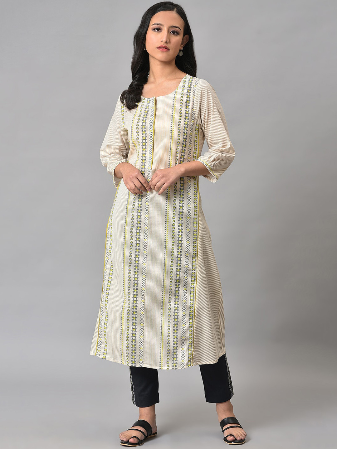 

W Geometric Printed Round Neck Pure Cotton A-Line Kurta, White