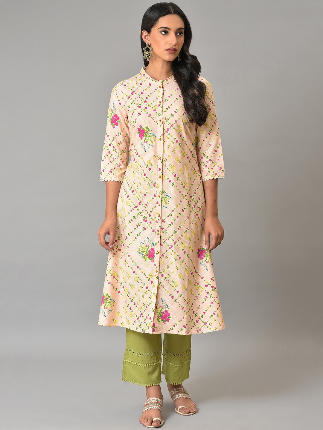 

W Floral Printed Band Collar A-Line Kurta, Peach