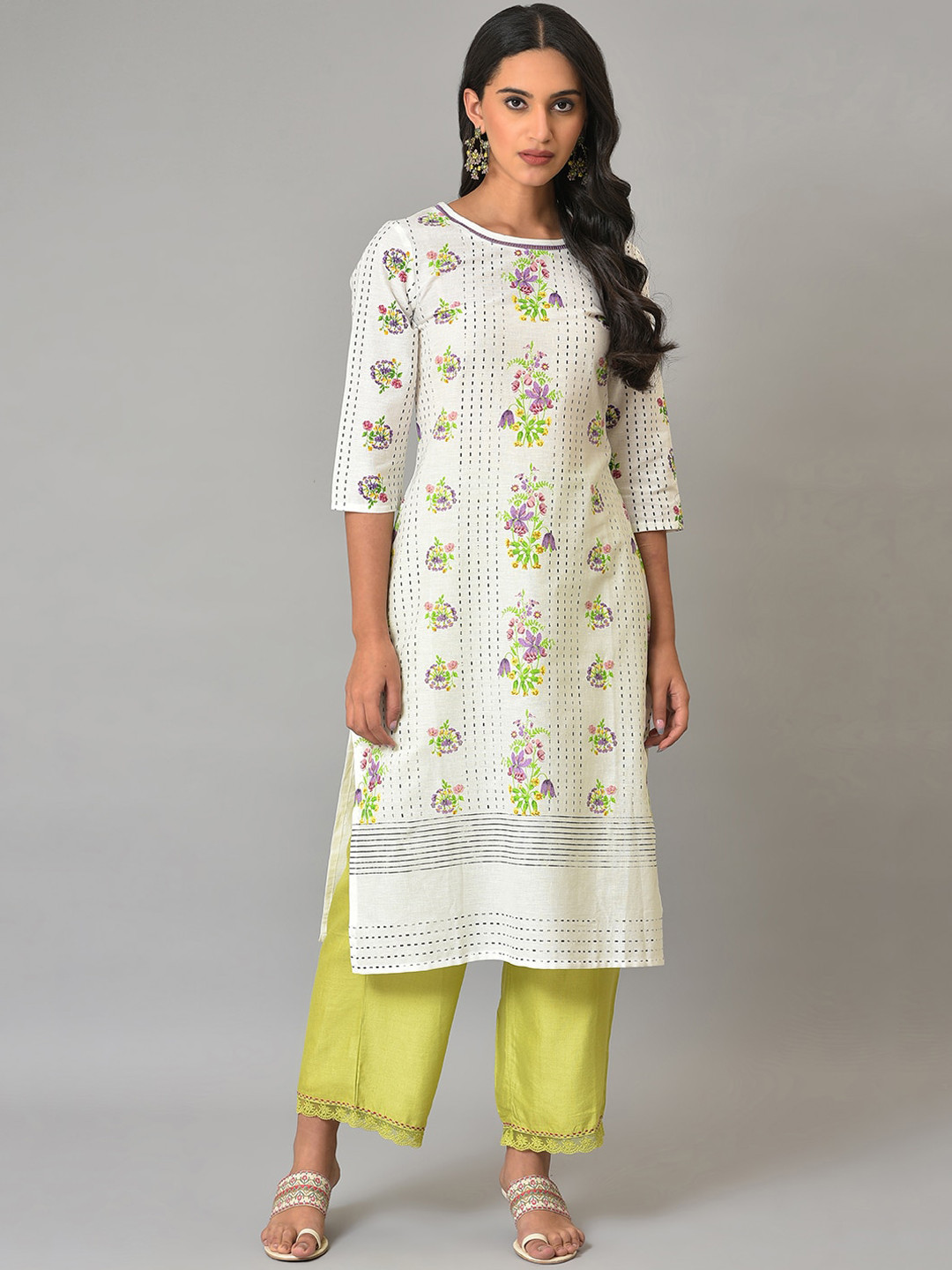 

W Floral Printed Round Neck Straight Regular Kurta, White