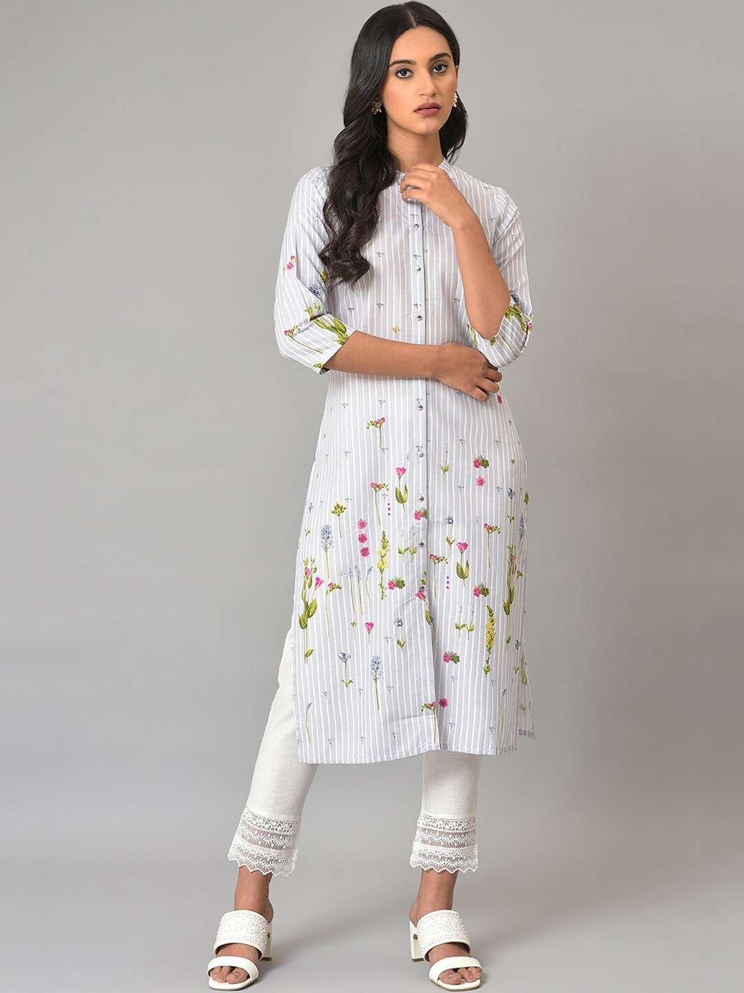 

W Floral Printed Band Collar Straight Kurta, Blue