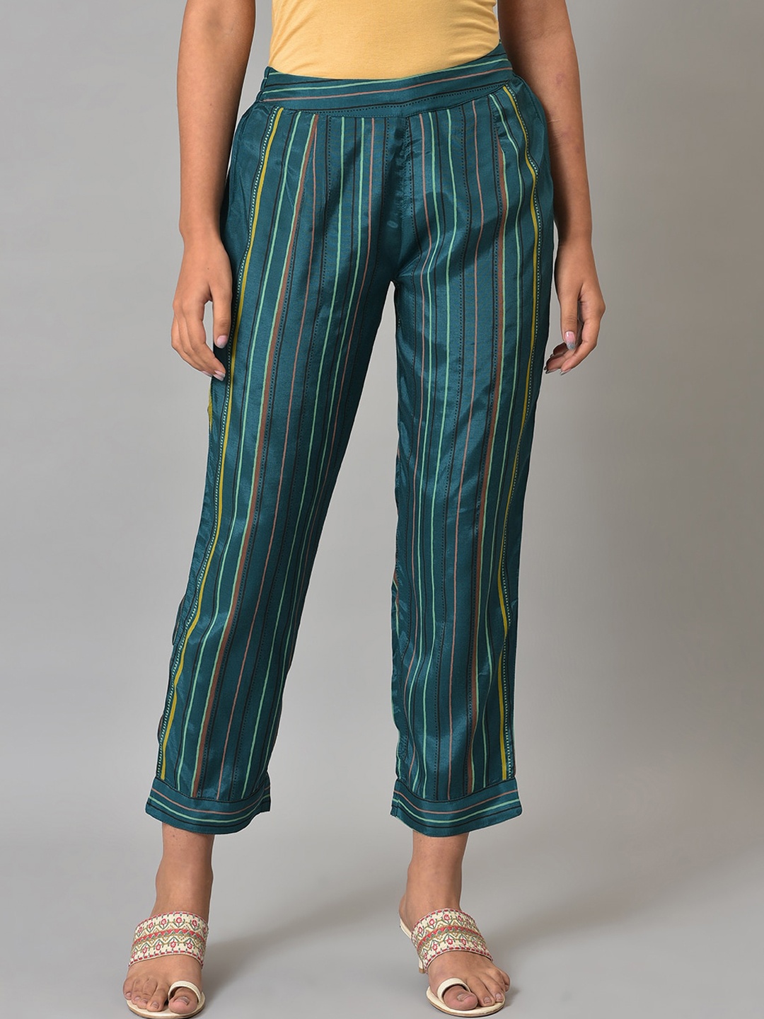 

W Women Striped Mid-Rise Cropped Trousers, Teal