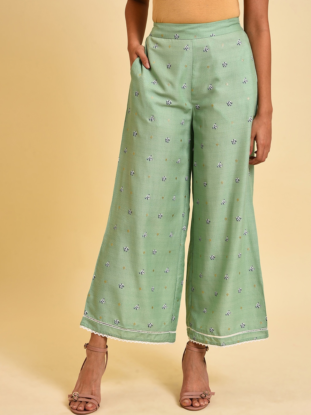 

W Women Floral Printed Flared Parallel Trousers, Green