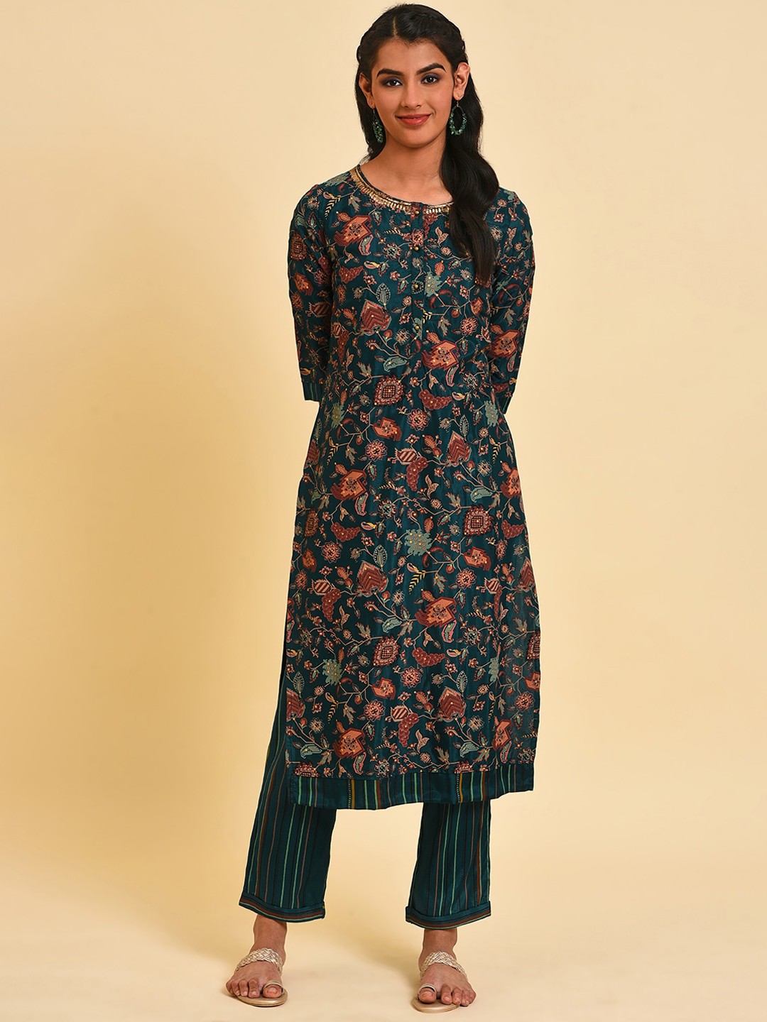 

W Floral Printed Sequins Straight Kurta, Teal